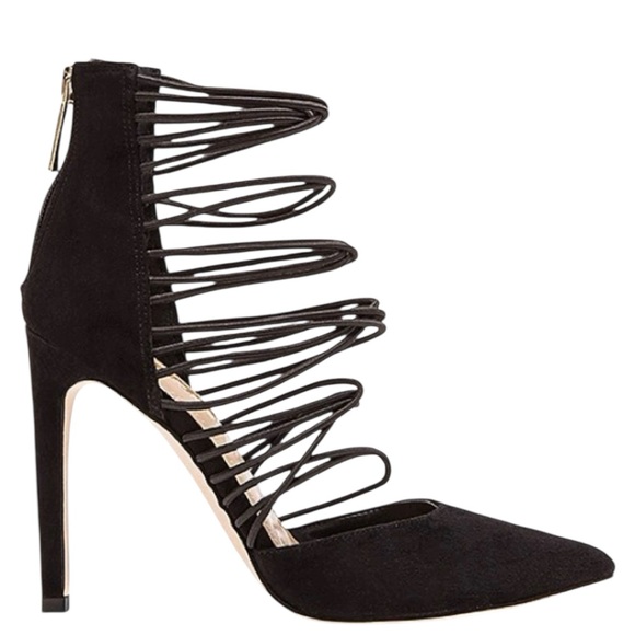 BCBGeneration Shoes - BCBGeneration Caliko Black Suede Stiletto Cage Heels Strappy Pumps Womens Size 9